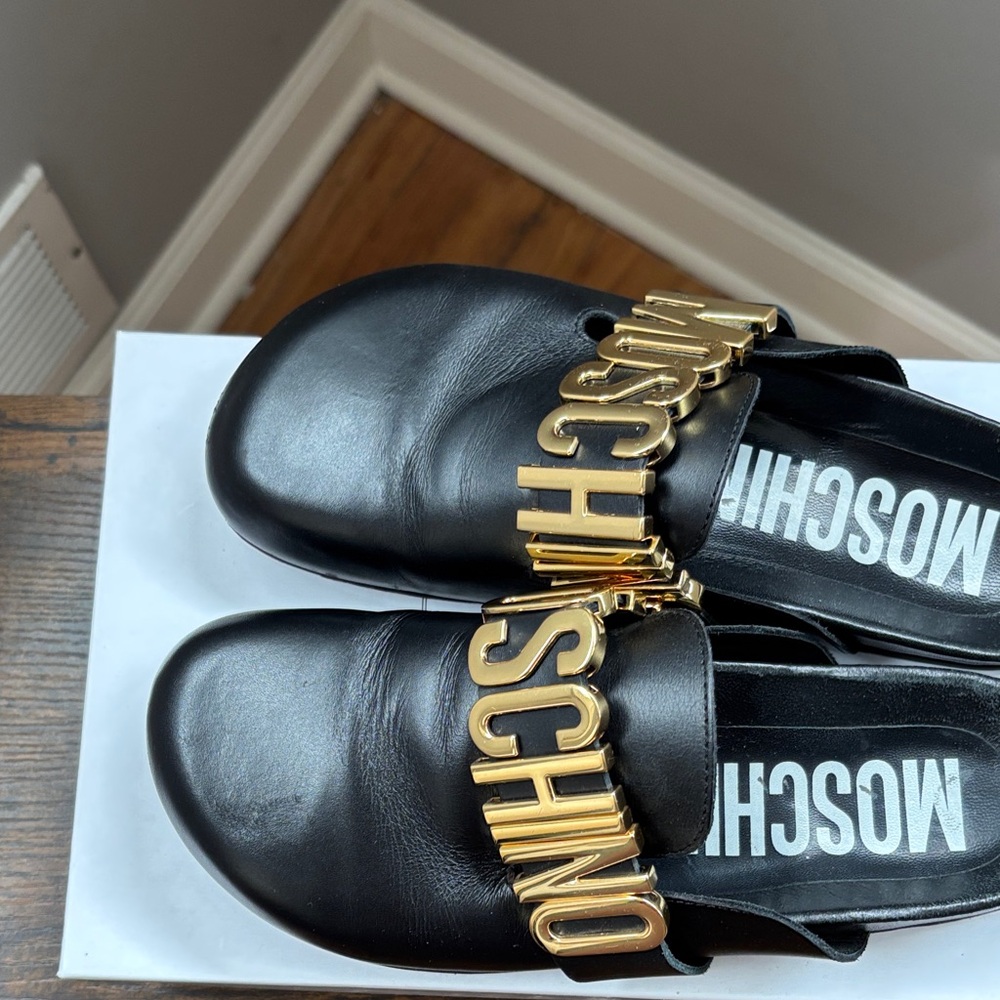 Moschino Black Leather Logo Slide Mules with Gold Lettering - Picture 2 of 7